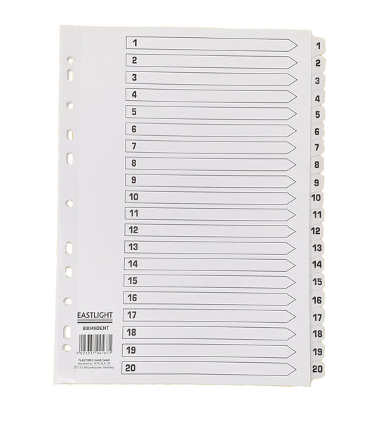 Set of 20 Numerically Marked 1-20 Miltipunched A4 Dividers with Mylar Reinforced Holes and Front Index Sheet