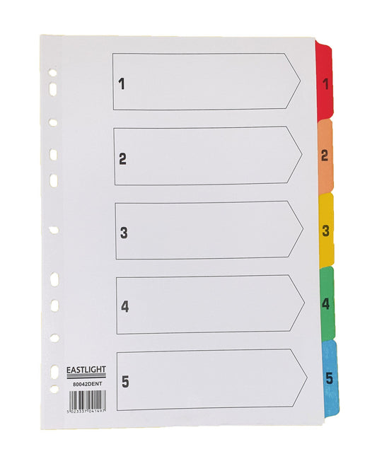 1-5 Index A4 White Mylar reinforced Multi-punched strip with Multi-Colored Numbered Tabs