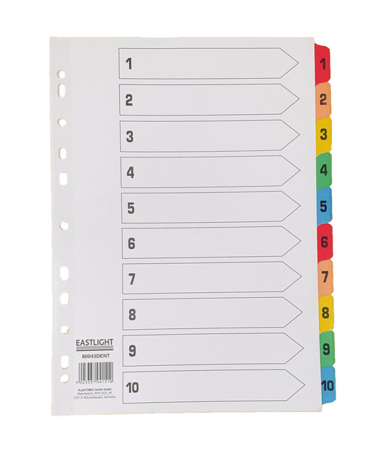 1-10 Index A4 White Mylar reinforced Multi-punched strip with Multi-Colored Numbered Tabs