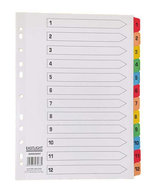 1-12 Index A4 White Mylar reinforced Multi-punched strip with Multi-Colored Numbered Tabs