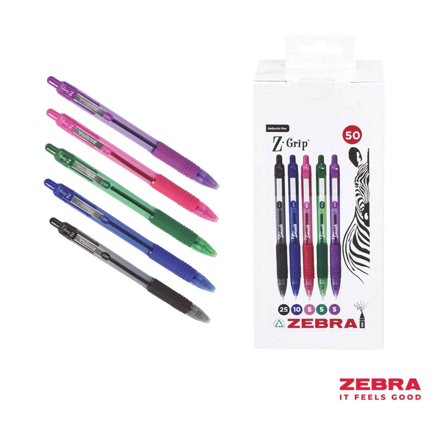 Zebra Z-Grip Smooth Retractable Ballpoint Pen Assorted Ink - Pack of 50