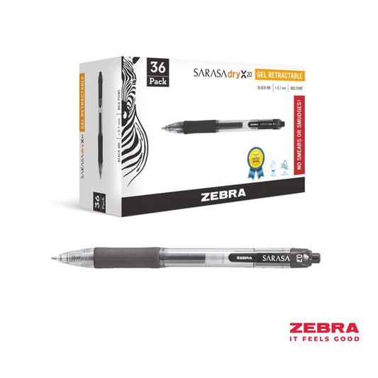 Zebra SARASA Gel Retractable Rollerball 0.7mm Pen Black Ink Pack 36