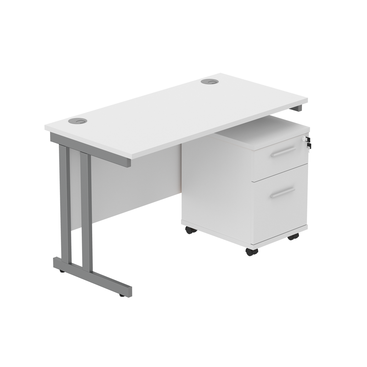 Double Upright Rectangular Desk + 2 Drawer Mobile Under Desk Pedestal (FSC) | 1200X600 | Arctic White/Graphite