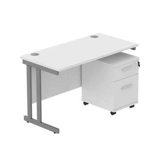 Double Upright Rectangular Desk + 2 Drawer Mobile Under Desk Pedestal (FSC) | 1200X600 | Arctic White/Graphite