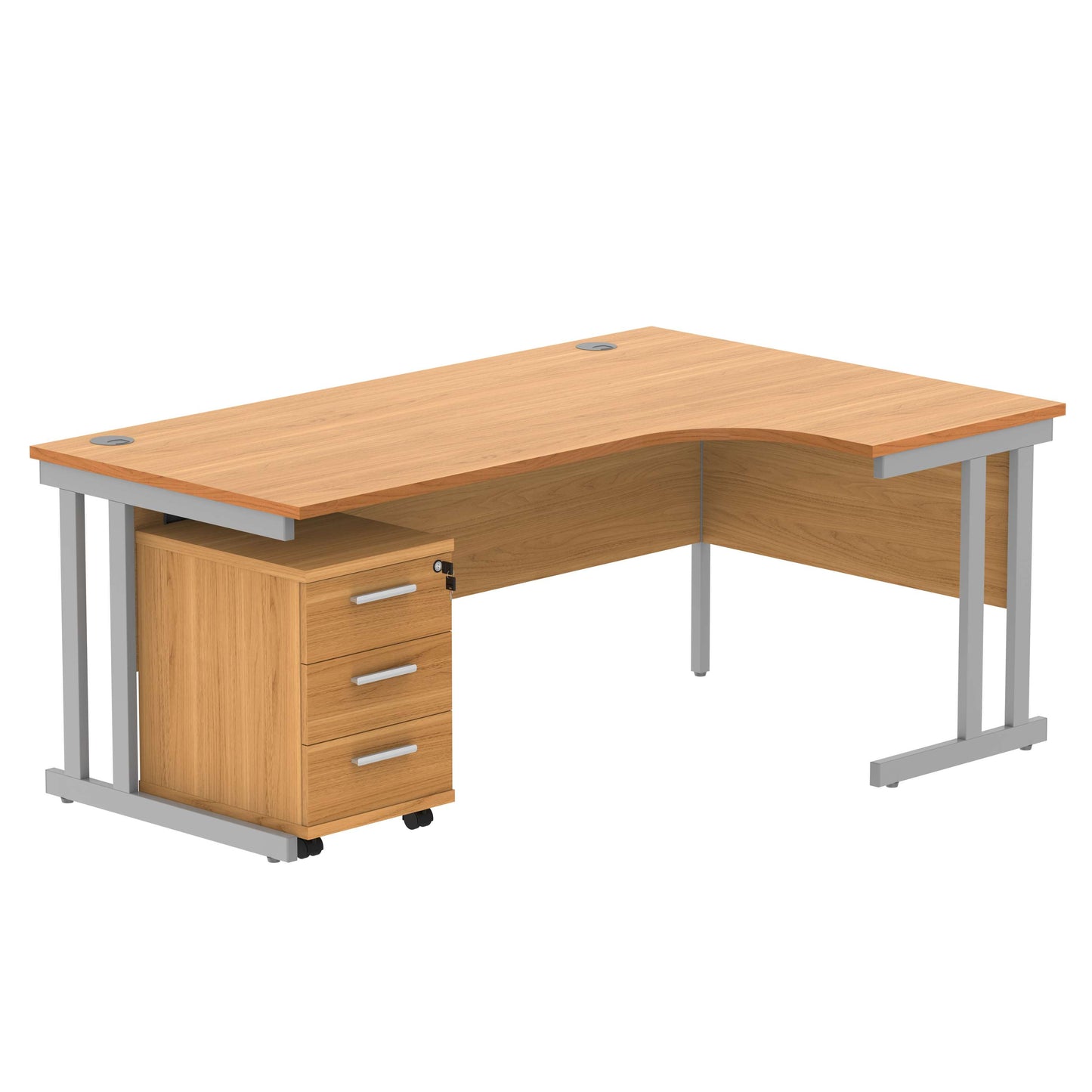 Double Upright Right Hand Radial Desk + 3 Drawer Mobile Under Desk Pedestal (FSC) | 1800X1200 | Norwegian Beech/Silver