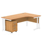 Double Upright Right Hand Radial Desk + 3 Drawer Mobile Under Desk Pedestal (FSC) | 1800X1200 | Norwegian Beech/White