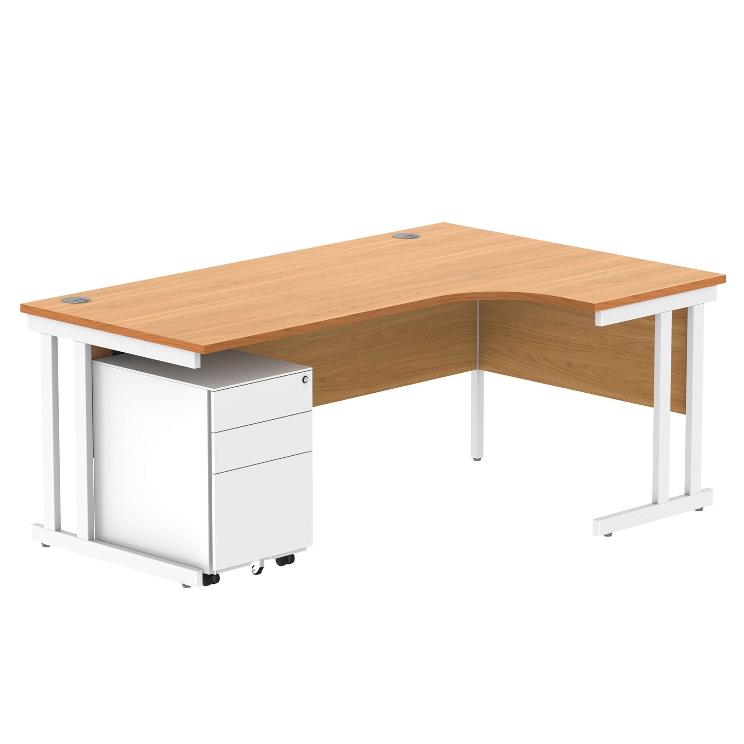 Double Upright Right Hand Radial Desk + Under Desk Steel Pedestal 3 Drawers (FSC) | 1800X1200 | Norwegian Beech/White