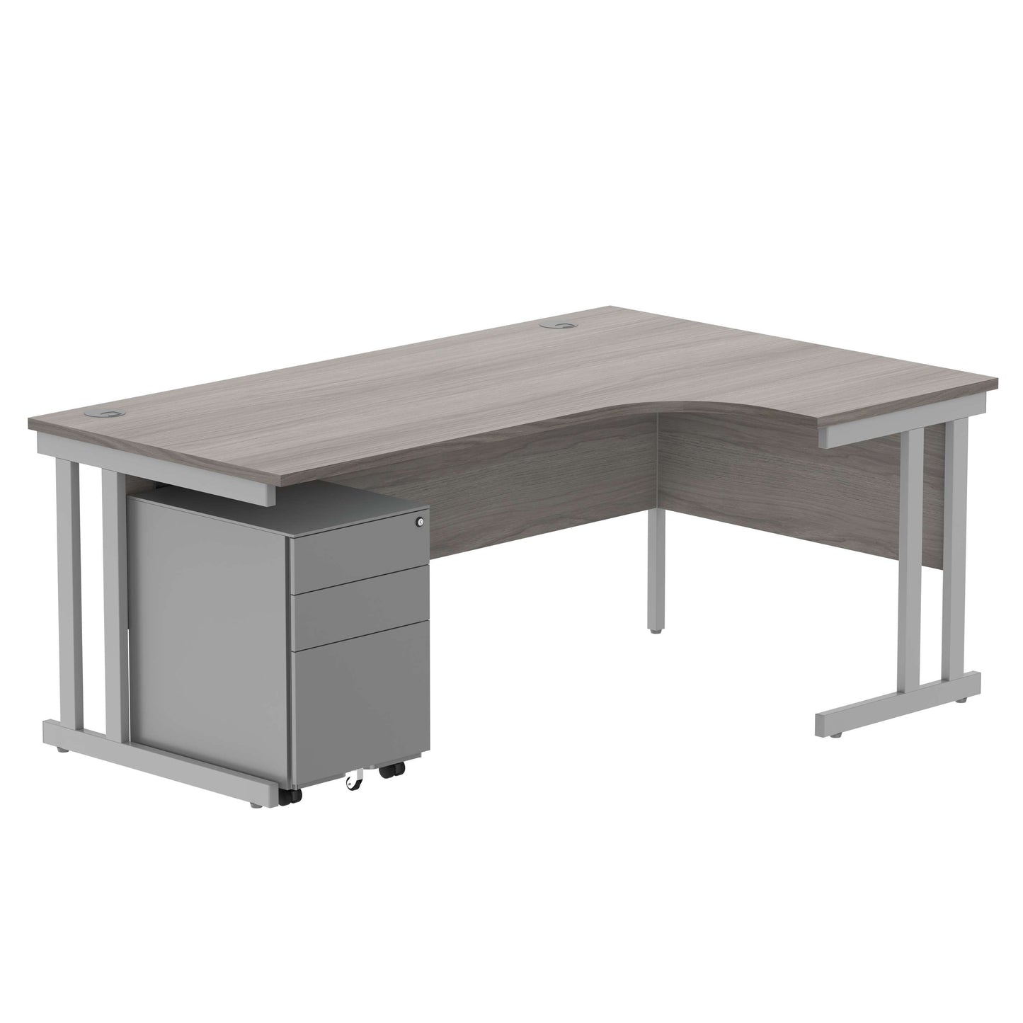 Double Upright Right Hand Radial Desk + Under Desk Steel Pedestal 3 Drawers (FSC) | 1800X1200 | Alaskan Grey Oak/Silver