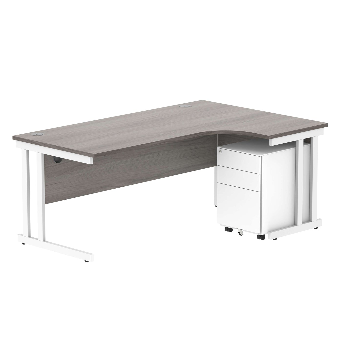 Double Upright Right Hand Radial Desk + Under Desk Steel Pedestal 3 Drawers (FSC) | 1800X1200 | Alaskan Grey Oak/White