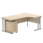 Double Upright Right Hand Radial Desk + 3 Drawer Mobile Under Desk Pedestal (FSC) | 1800X1200 | Canadian Oak/Silver