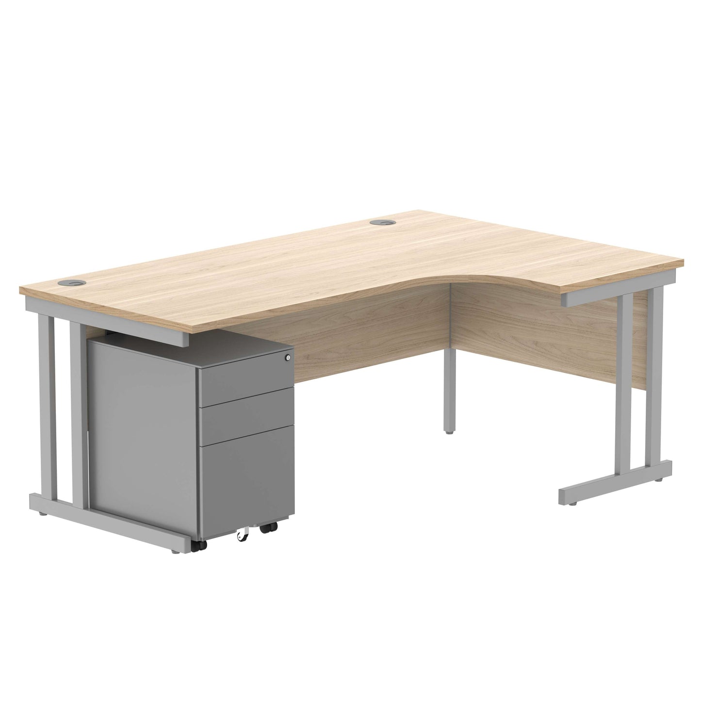 Double Upright Right Hand Radial Desk + Under Desk Steel Pedestal 3 Drawers (FSC) | 1800X1200 | Canadian Oak/Silver