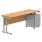 Double Upright Rectangular Desk + Under Desk Steel Pedestal 3 Drawers (FSC) | 1800X600 | Norwegian Beech/Silver