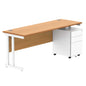 Double Upright Rectangular Desk + Under Desk Steel Pedestal 3 Drawers (FSC) | 1800X600 | Norwegian Beech/White