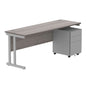 Double Upright Rectangular Desk + Under Desk Steel Pedestal 3 Drawers (FSC) | 1800X600 | Alaskan Grey Oak/Silver