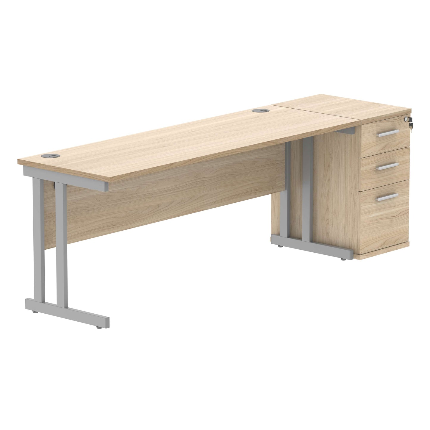 Double Upright Rectangular Desk + Desk High Pedestal (FSC) | 1800X600 | Canadian Oak/Silver