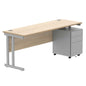 Double Upright Rectangular Desk + Under Desk Steel Pedestal 3 Drawers (FSC) | 1800X600 | Canadian Oak/Silver