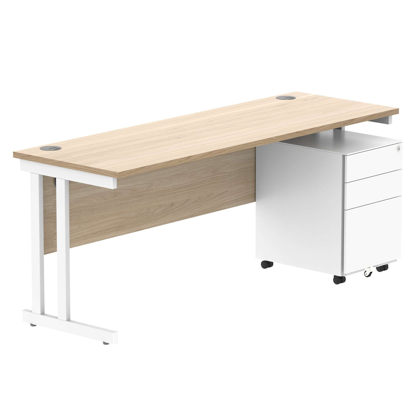 Double Upright Rectangular Desk + Under Desk Steel Pedestal 3 Drawers (FSC) | 1800X600 | Canadian Oak/White