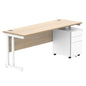 Double Upright Rectangular Desk + Under Desk Steel Pedestal 3 Drawers (FSC) | 1800X600 | Canadian Oak/White