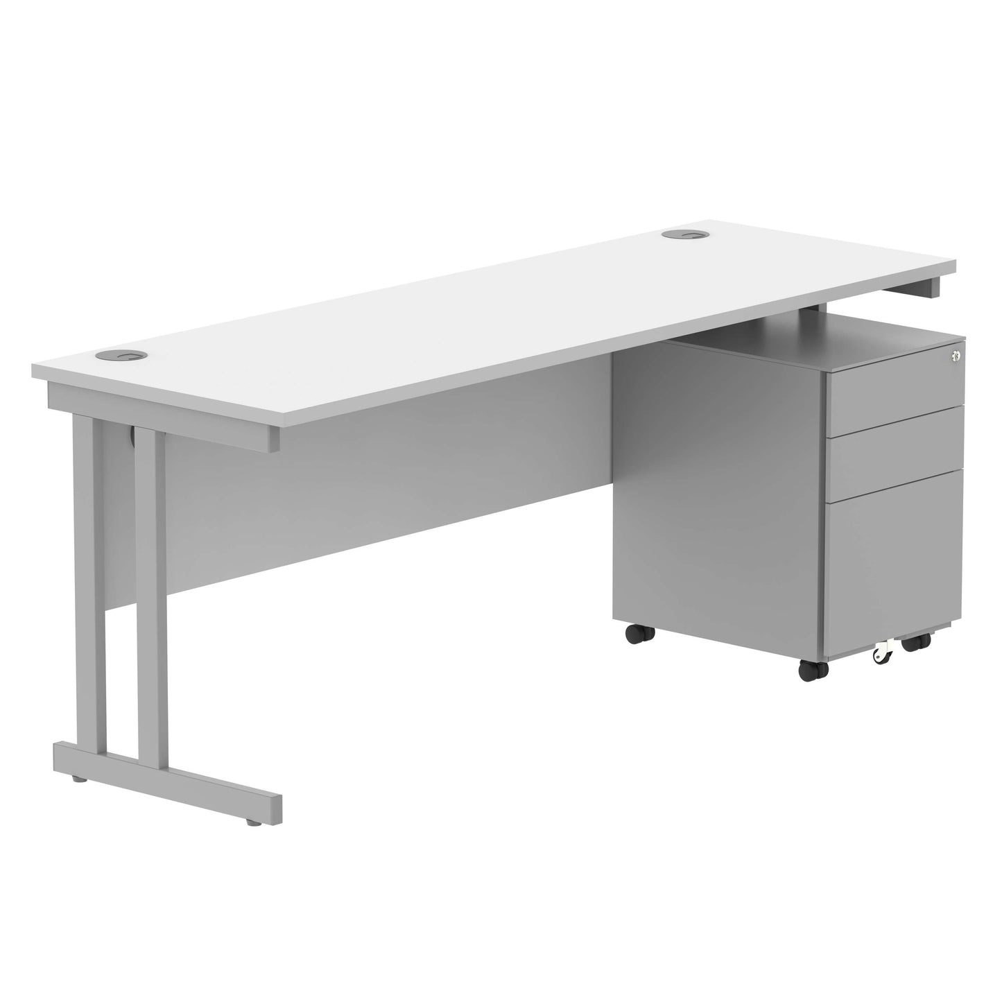 Double Upright Rectangular Desk + Under Desk Steel Pedestal 3 Drawers (FSC) | 1800X600 | Arctic White/Silver