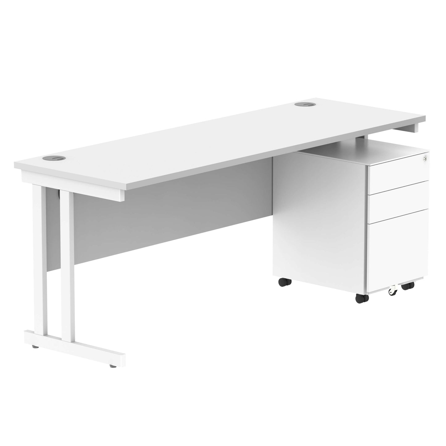 Double Upright Rectangular Desk + Under Desk Steel Pedestal 3 Drawers (FSC) | 1800X600 | Arctic White/White