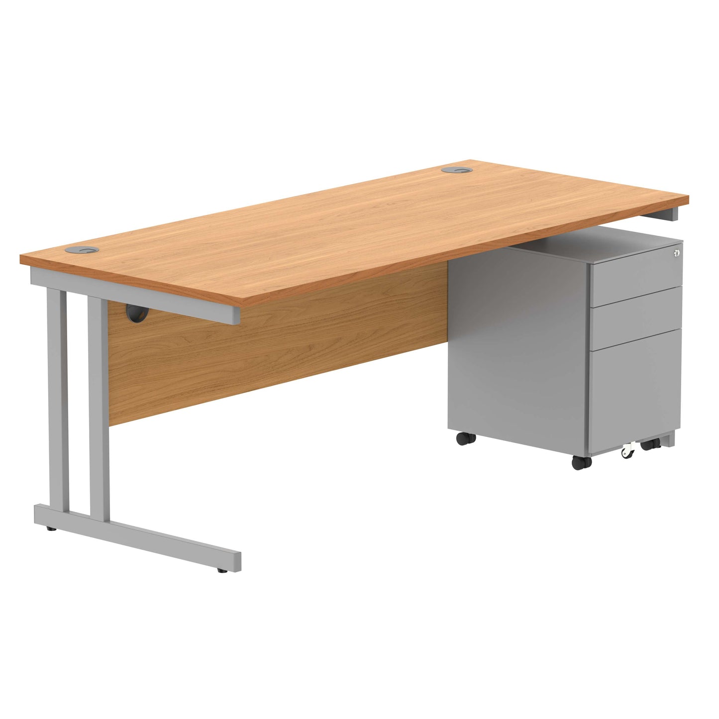 Double Upright Rectangular Desk + Under Desk Steel Pedestal 3 Drawers (FSC) | 1800X800 | Norwegian Beech/Silver