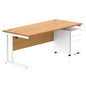 Double Upright Rectangular Desk + Under Desk Steel Pedestal 3 Drawers (FSC) | 1800X800 | Norwegian Beech/White