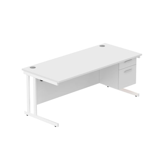 Office Rectangular Desk with Steel Double Upright Cantilever Legs + 2 Drawer Fixed Pedestal (FSC) | 1800X800 | Arctic White/White