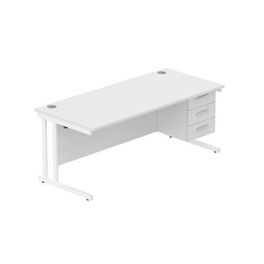 Office Rectangular Desk with Steel Double Upright Cantilever Legs + 3 Drawer Fixed Pedestal (FSC) | 1800X800 | Arctic White/White