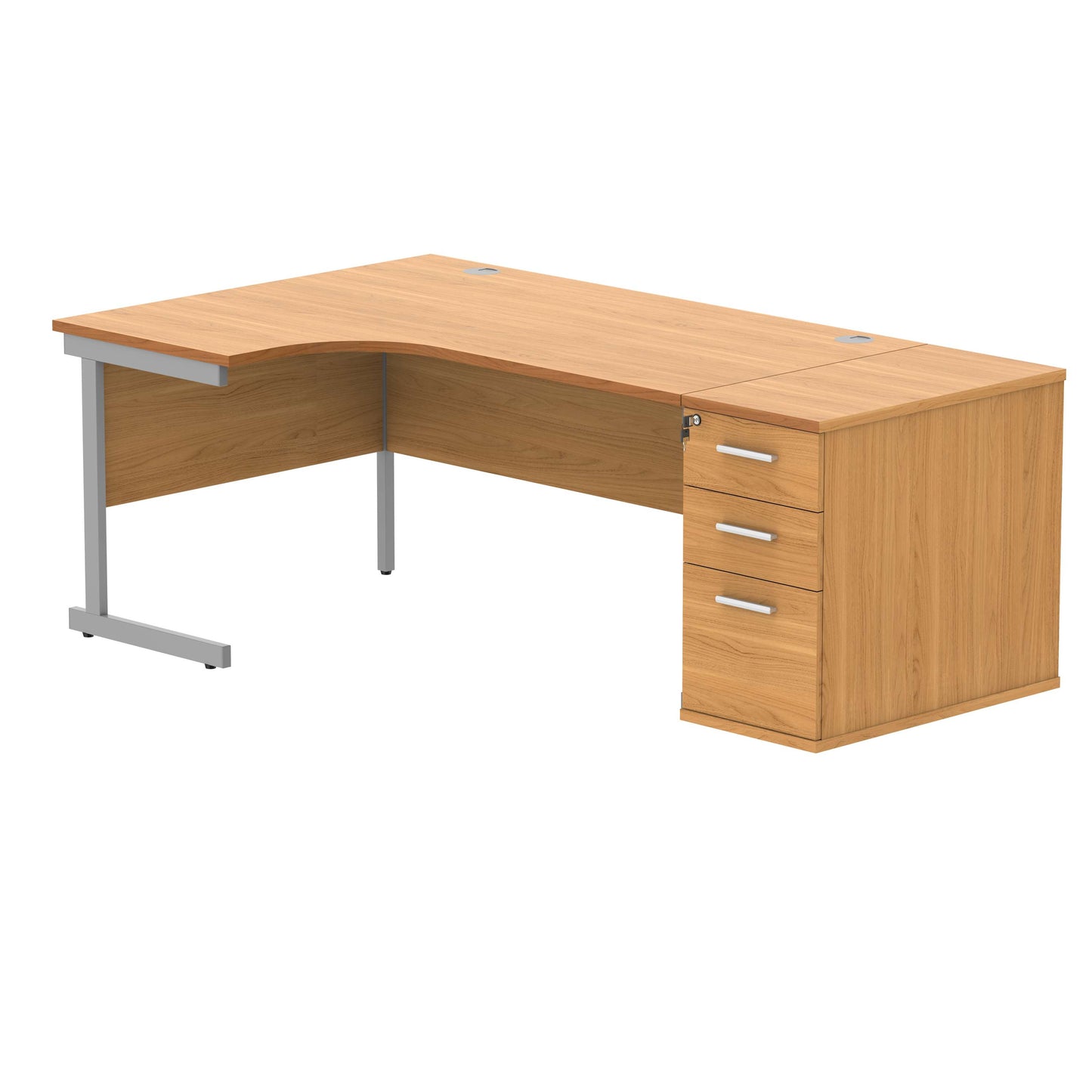 Single Upright Left Hand Radial Desk + Desk High Pedestal (FSC) | 800mm Deep Pedestal | 1600 X 1200 | Norwegian Beech/Silver