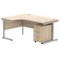 Single Upright Left Hand Radial Desk + 3 Drawer Mobile Under Desk Pedestal (FSC) | 1600 X 1200 | Canadian Oak/Silver