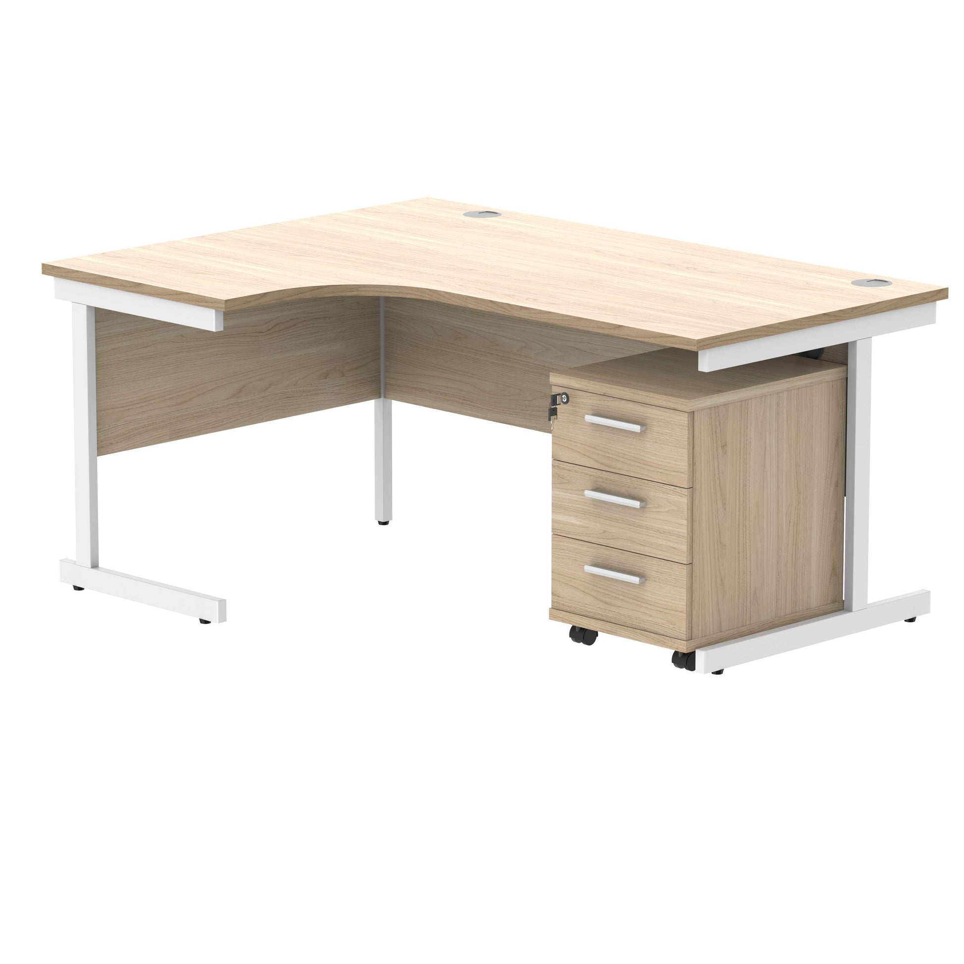 Single Upright Left Hand Radial Desk + 3 Drawer Mobile Under Desk Pedestal (FSC) | 1600 X 1200 | Canadian Oak/White