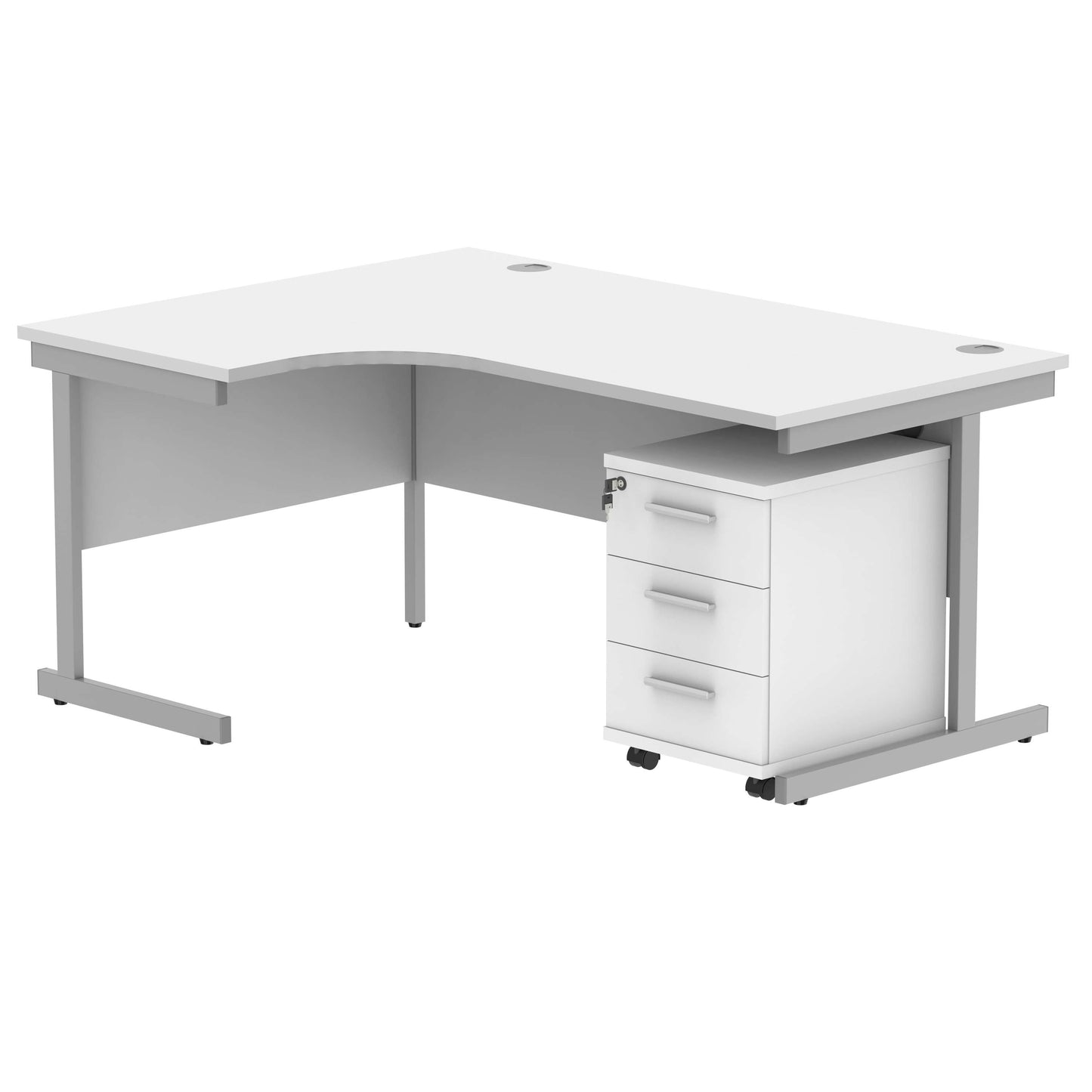 Single Upright Left Hand Radial Desk + 3 Drawer Mobile Under Desk Pedestal (FSC) | 1600 X 1200 | Arctic White/Silver