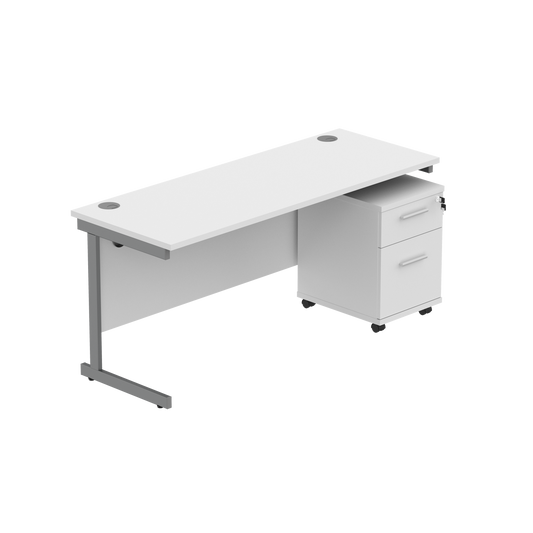 Single Upright Rectangular Desk + 2 Drawer Mobile Under Desk Pedestal (FSC) | 1600 X 600 | Arctic White/Graphite