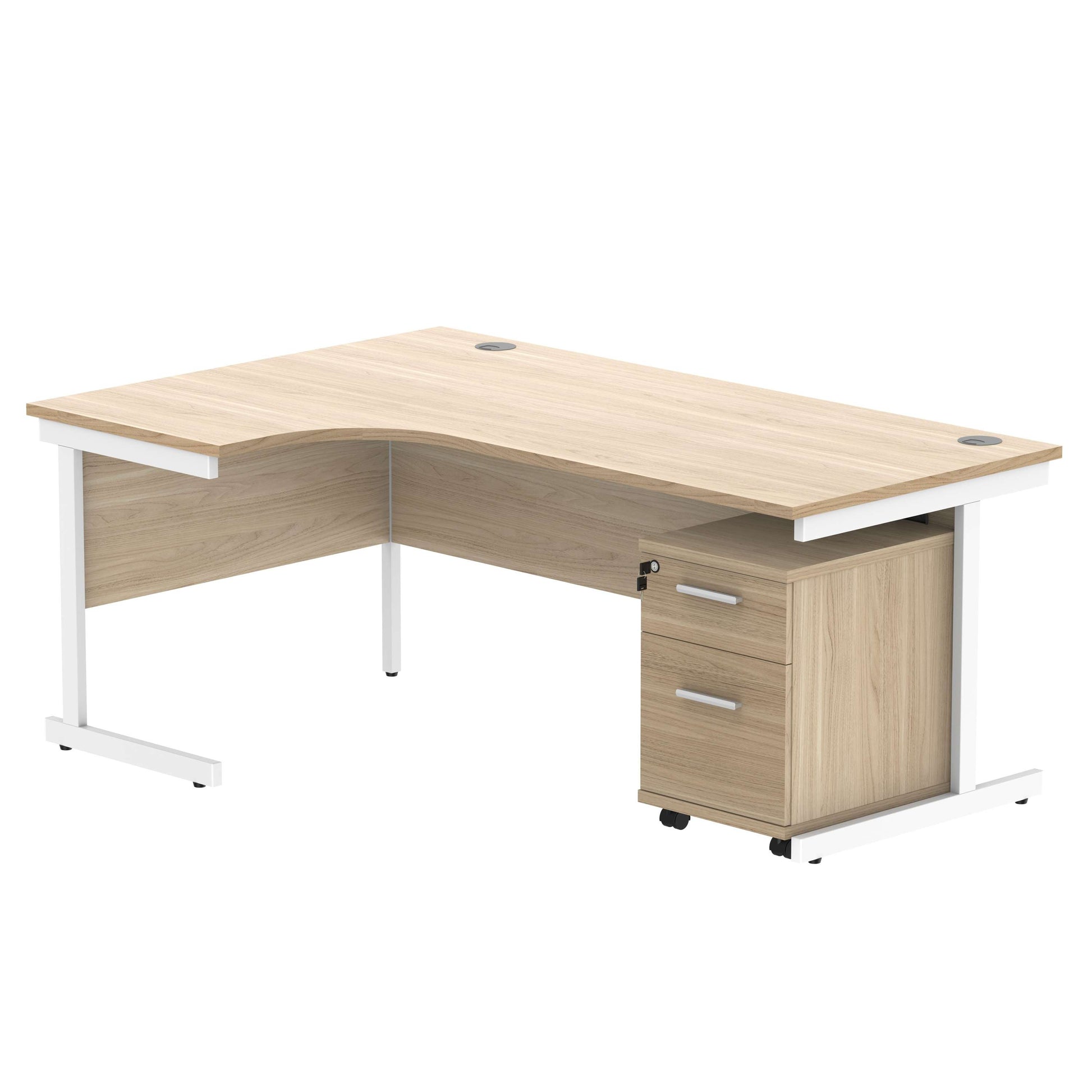 Single Upright Left Hand Radial Desk + 2 Drawer Mobile Under Desk Pedestal (FSC) | 1800 X 1200 | Canadian Oak/White