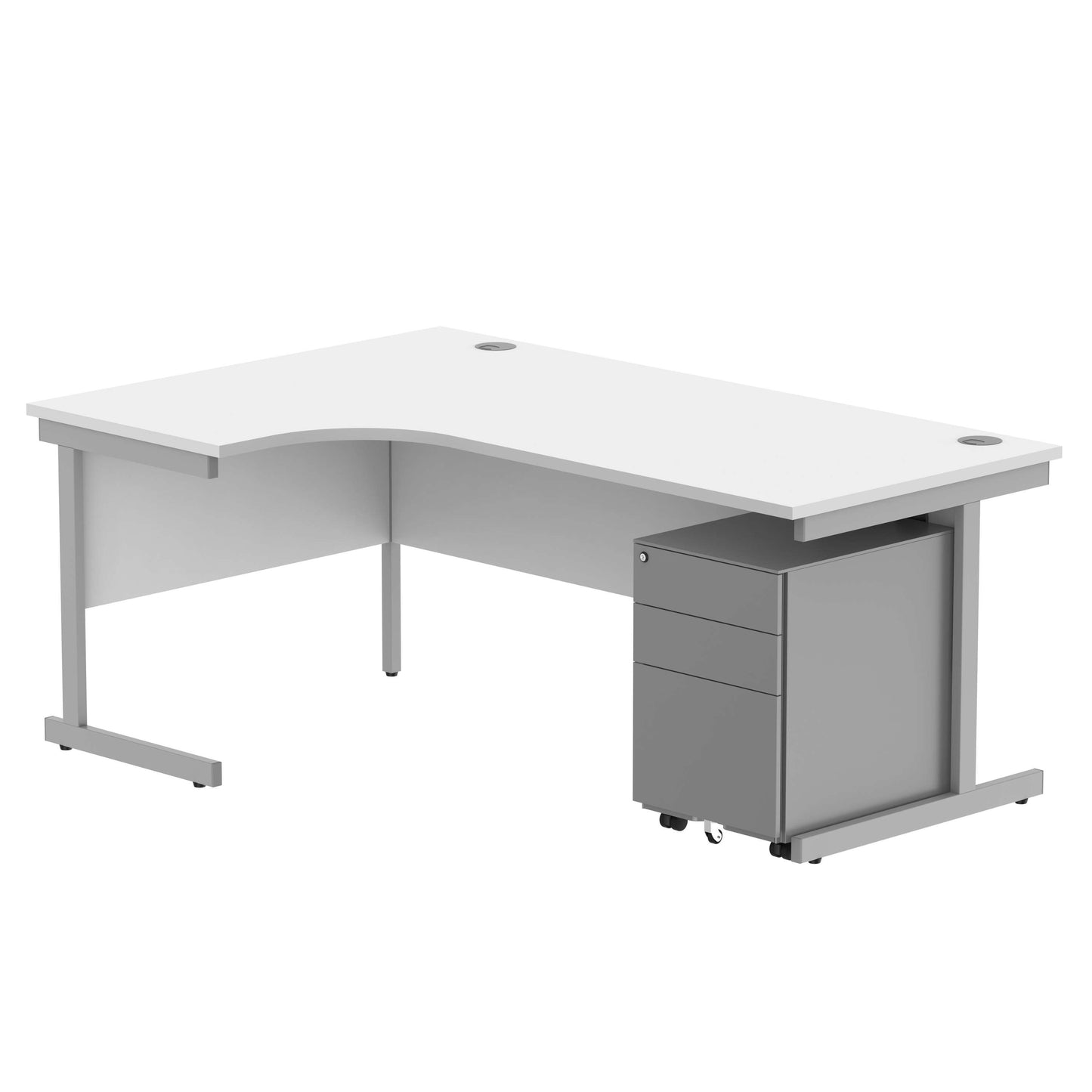 CORE Single Upright Left Hand Radial Desk + Under Desk Steel Pedestal 3 Drawers (FSC) | 1800 X 1200 | Arctic White/Silver