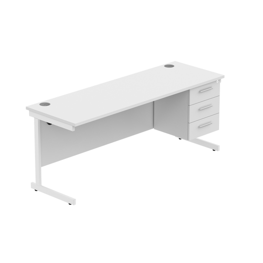 Office Rectangular Desk with Steel Single Upright Cantilever Legs + 3 Drawer Fixed Pedestal (FSC) | 1800X600 | Arctic White/White