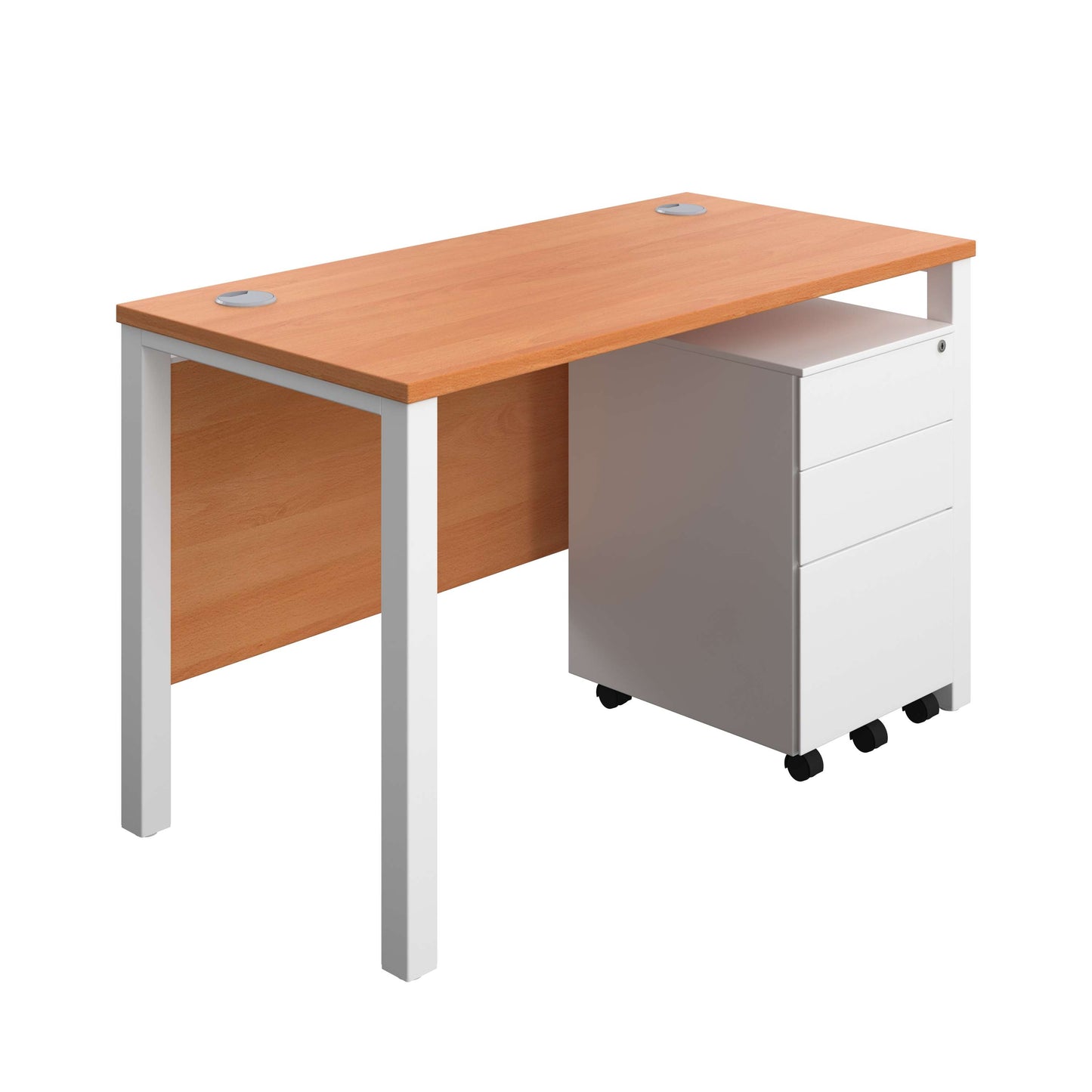 Goal Post Rectangular Desk + 3 Drawer Steel Pedestal (FSC) | 1200x600 | Beech/White