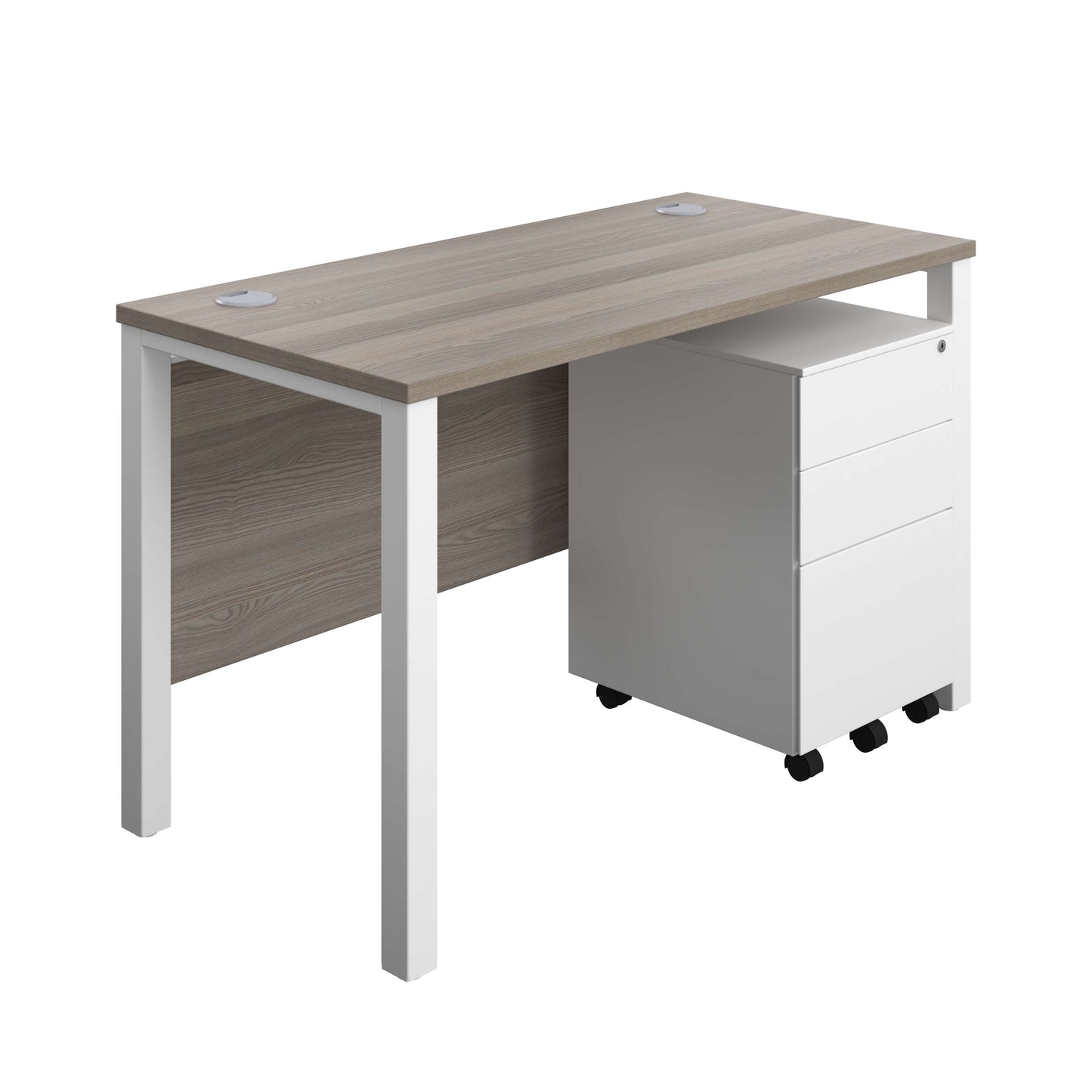 Goal Post Rectangular Desk + 3 Drawer Steel Pedestal (FSC) | 1200x600 | Grey oak/White