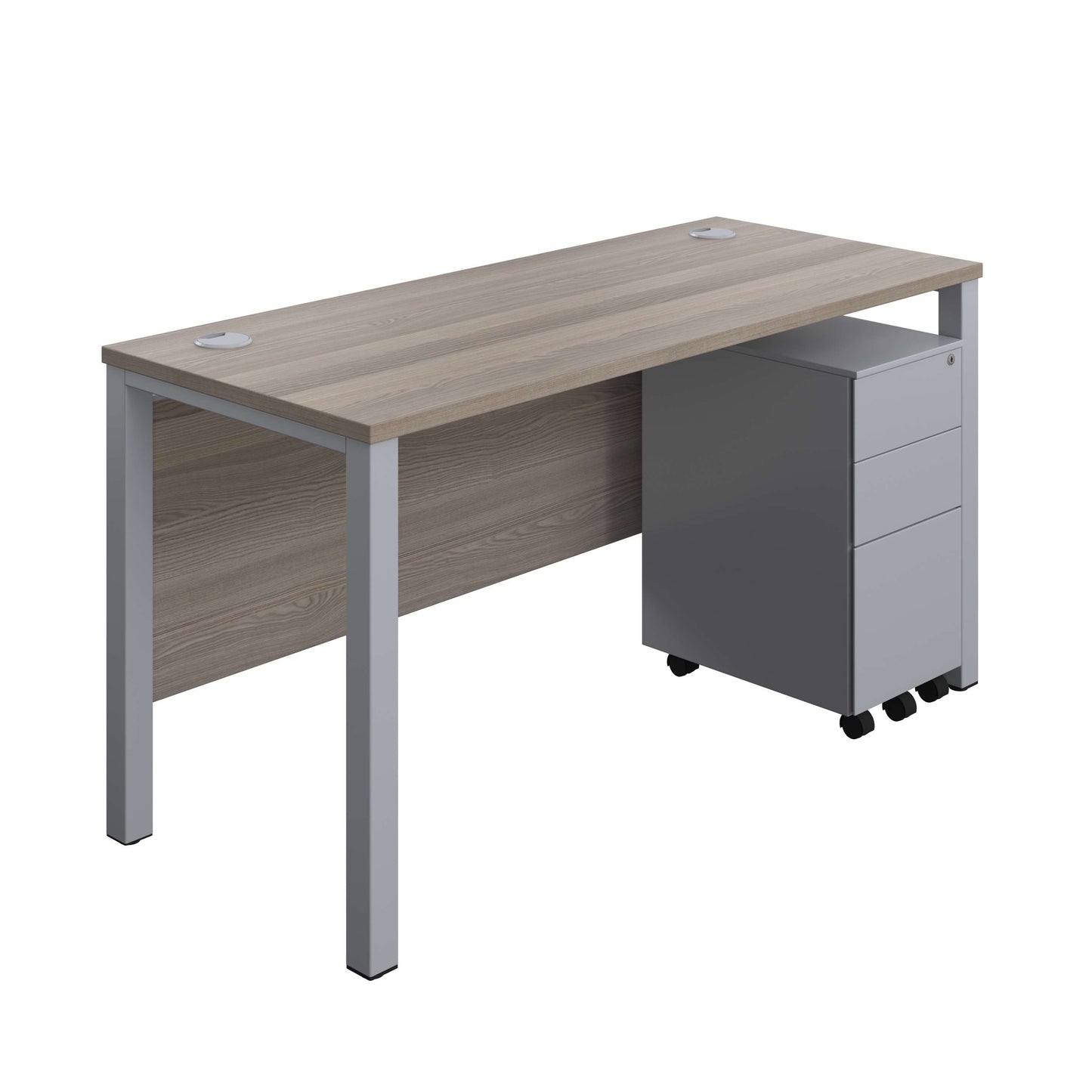 Goal Post Rectangular Desk + 3 Drawer Slimline Steel Pedestal (FSC) | 1400x600 | Grey oak/Silver