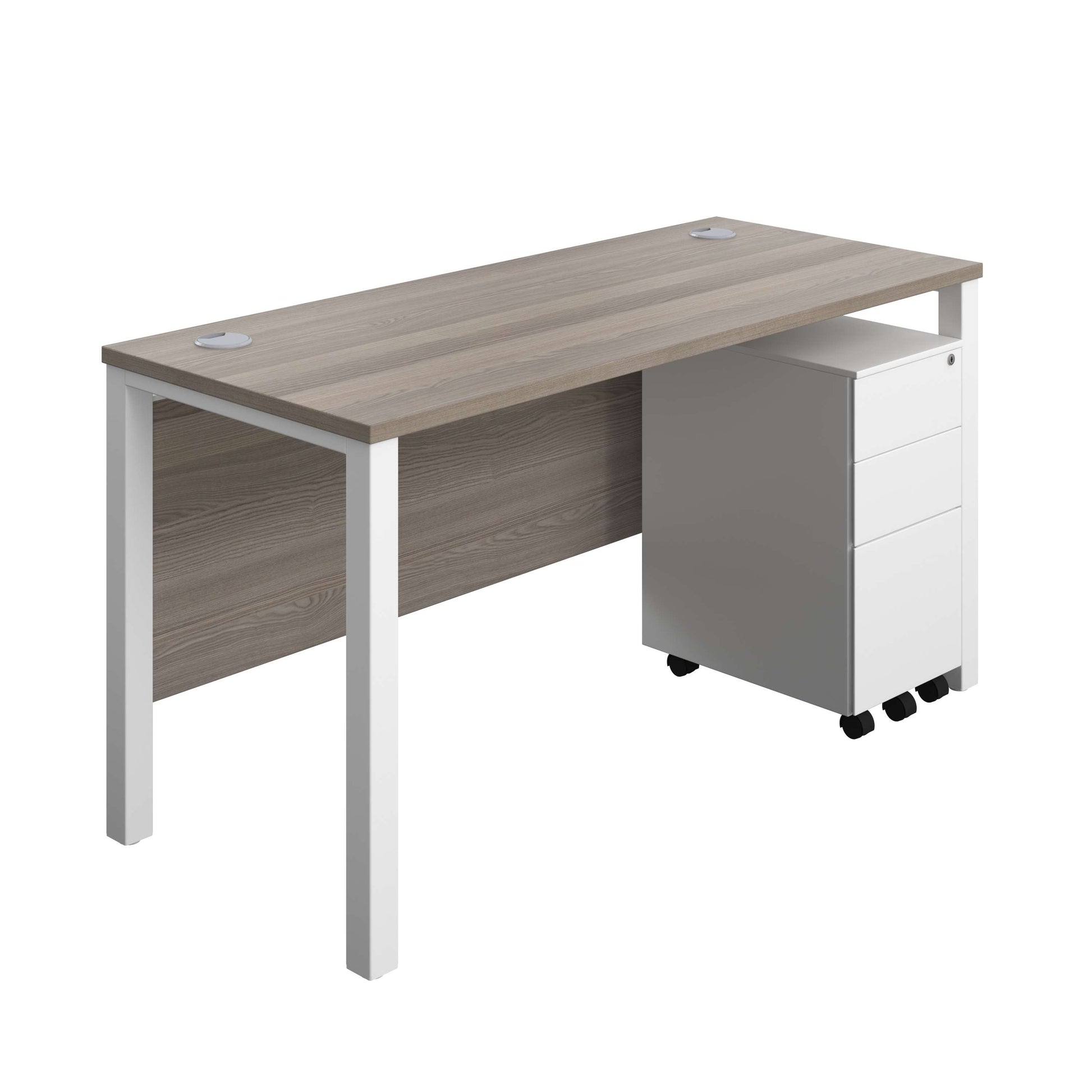 Goal Post Rectangular Desk + 3 Drawer Slimline Steel Pedestal (FSC) | 1400x600 | Grey oak/White