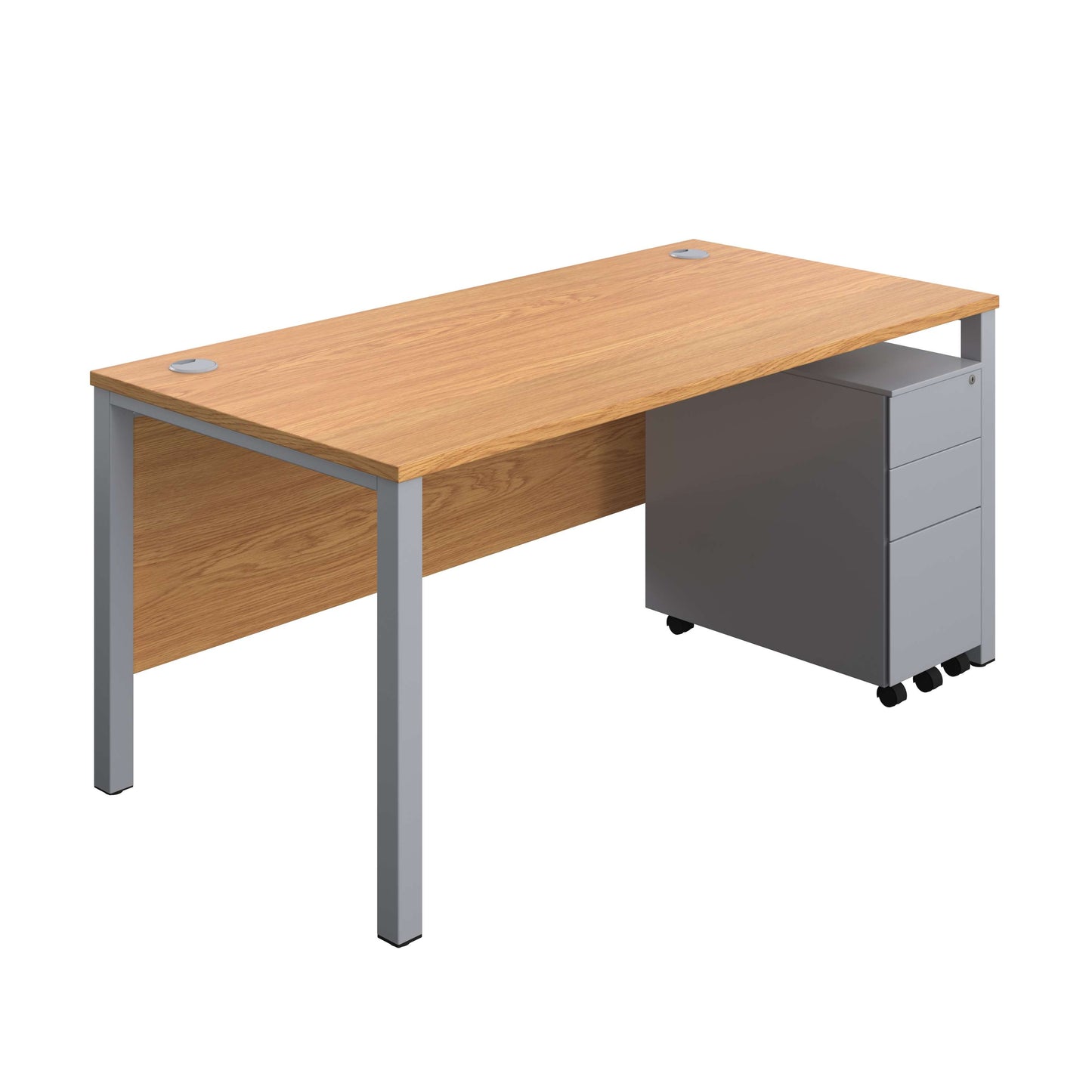 Goal Post Rectangular Desk + 3 Drawer Slimline Steel Pedestal (FSC) | 1600x800 | Nova oak/Silver