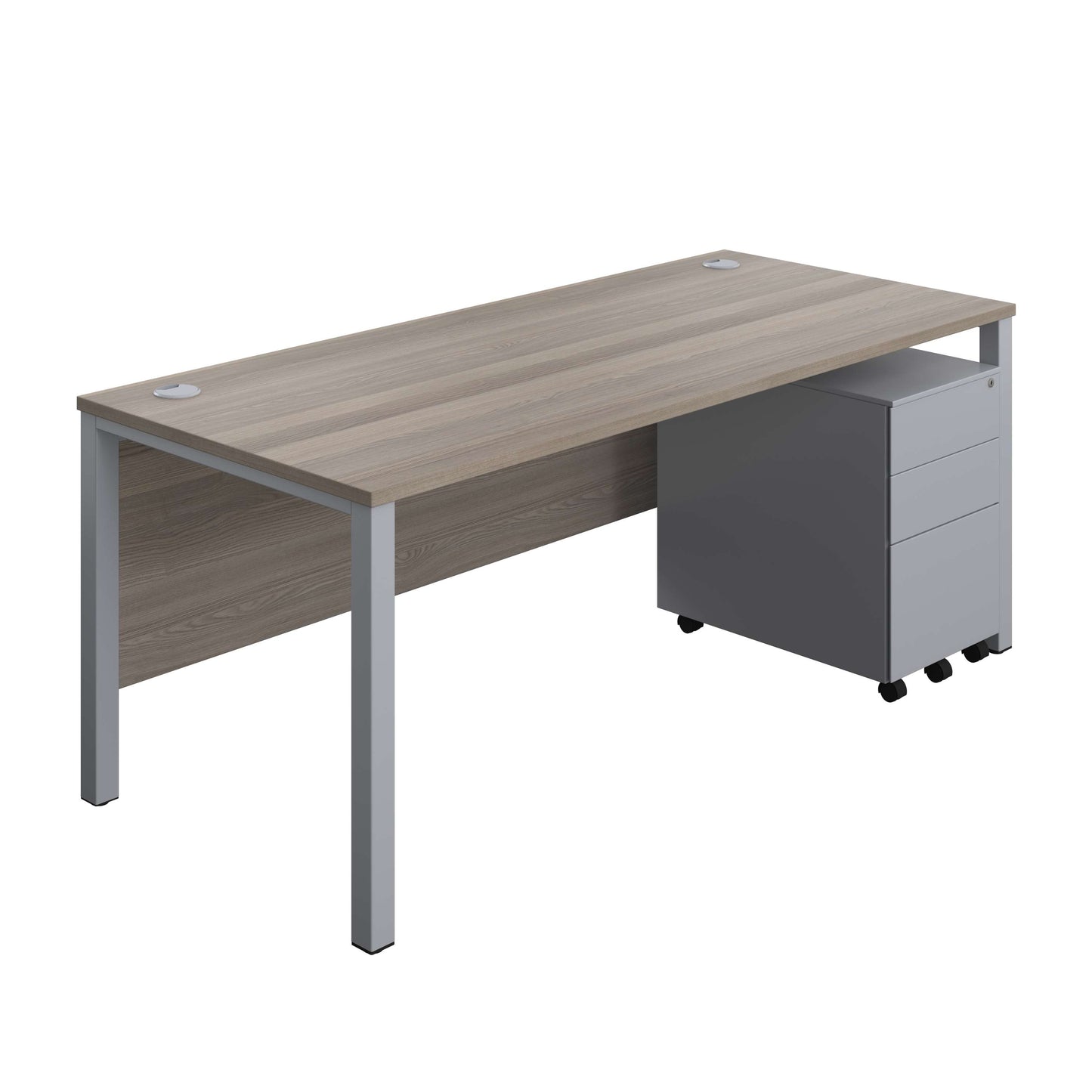 Goal Post Rectangular Desk + 3 Drawer Steel Pedestal (FSC) | 1800x800 | Grey oak/Silver