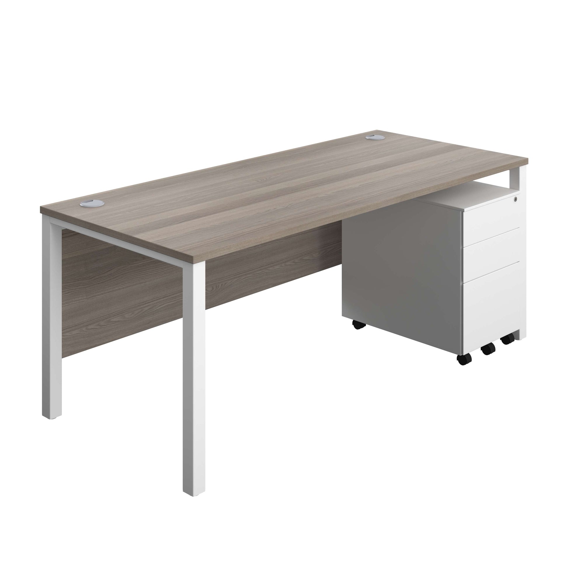 Goal Post Rectangular Desk + 3 Drawer Steel Pedestal (FSC) | 1800x800 | Grey oak/White