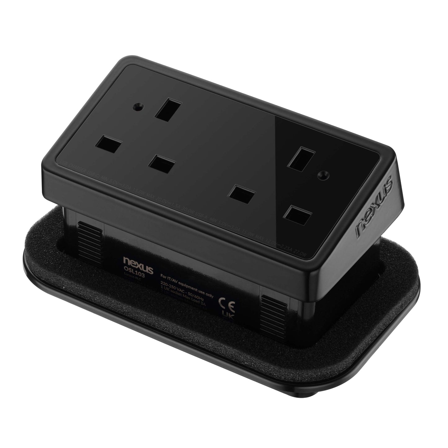 Rectangular In-Desk Power Module + 3 Metre Mains Cable Bundle | 1 Outlet | 30W USB-C and 27W USB-A | Black/Black