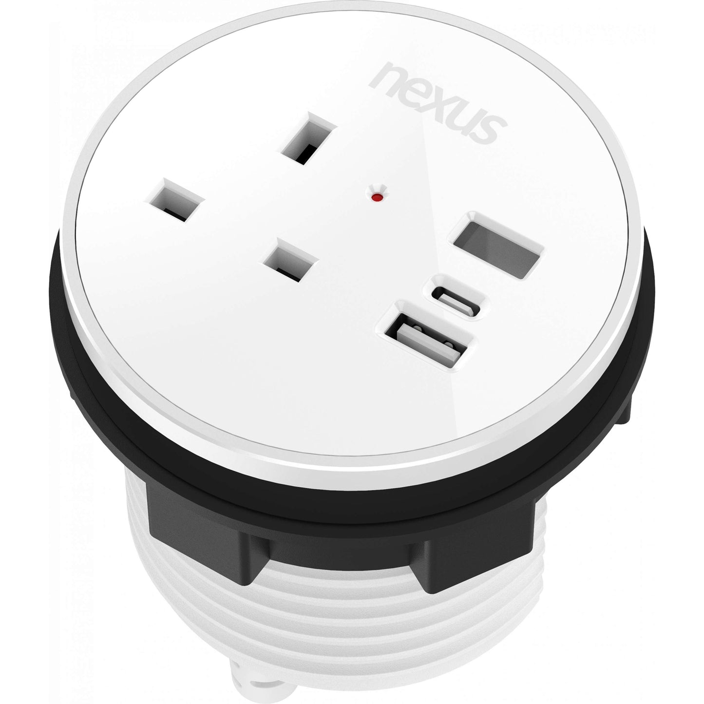 Circular In-Desk Power Module + 3 Metre Mains Cable Bundle | 1 Outlet | 30W USB-C, 27W USB-A, USB-A Blank | White Housing/White Bezel/White Veneer