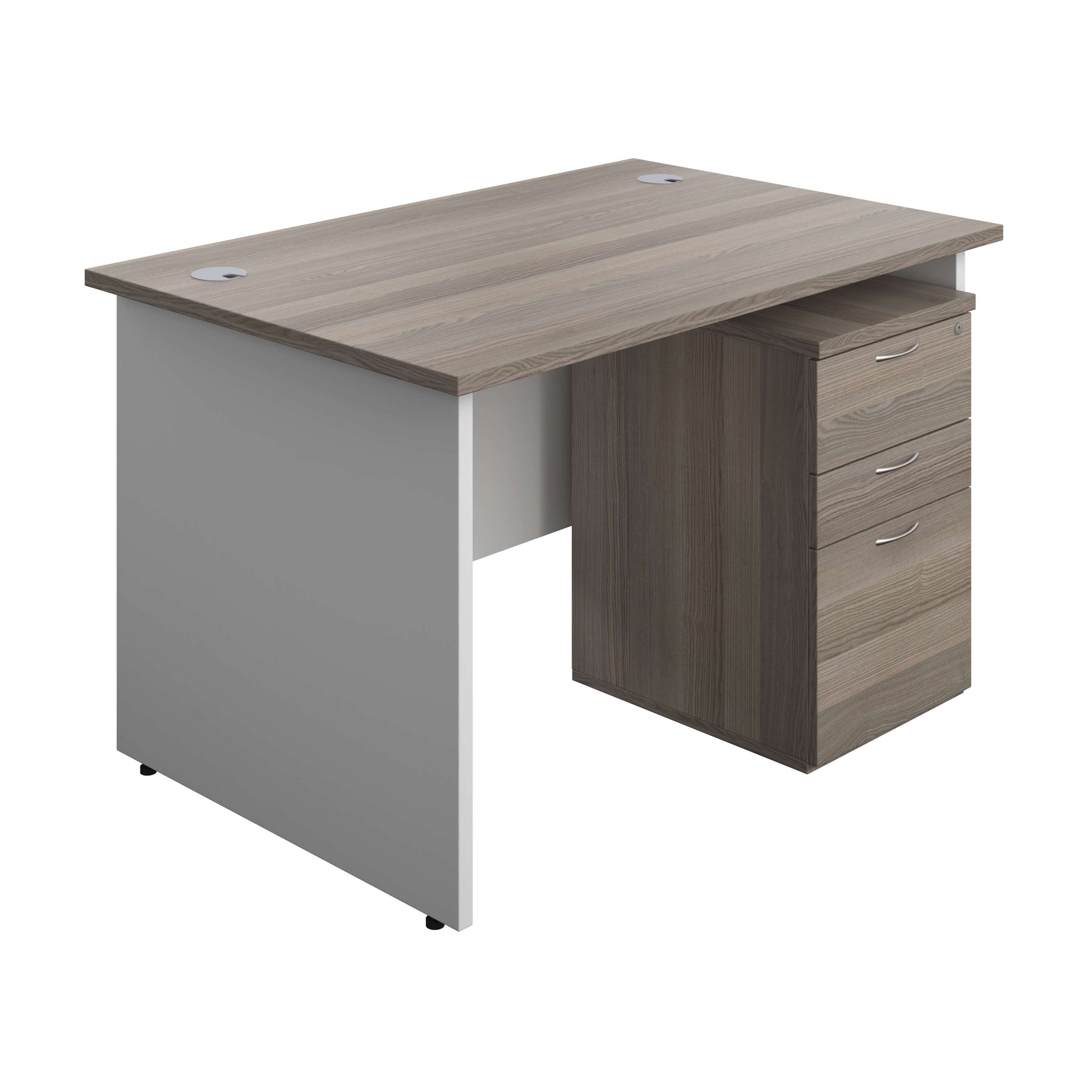 Panel Plus Rectangular Desk + 3 Drawer Under Desk Pedestal Bundle (FSC) | 1200X800 | Grey Oak/White