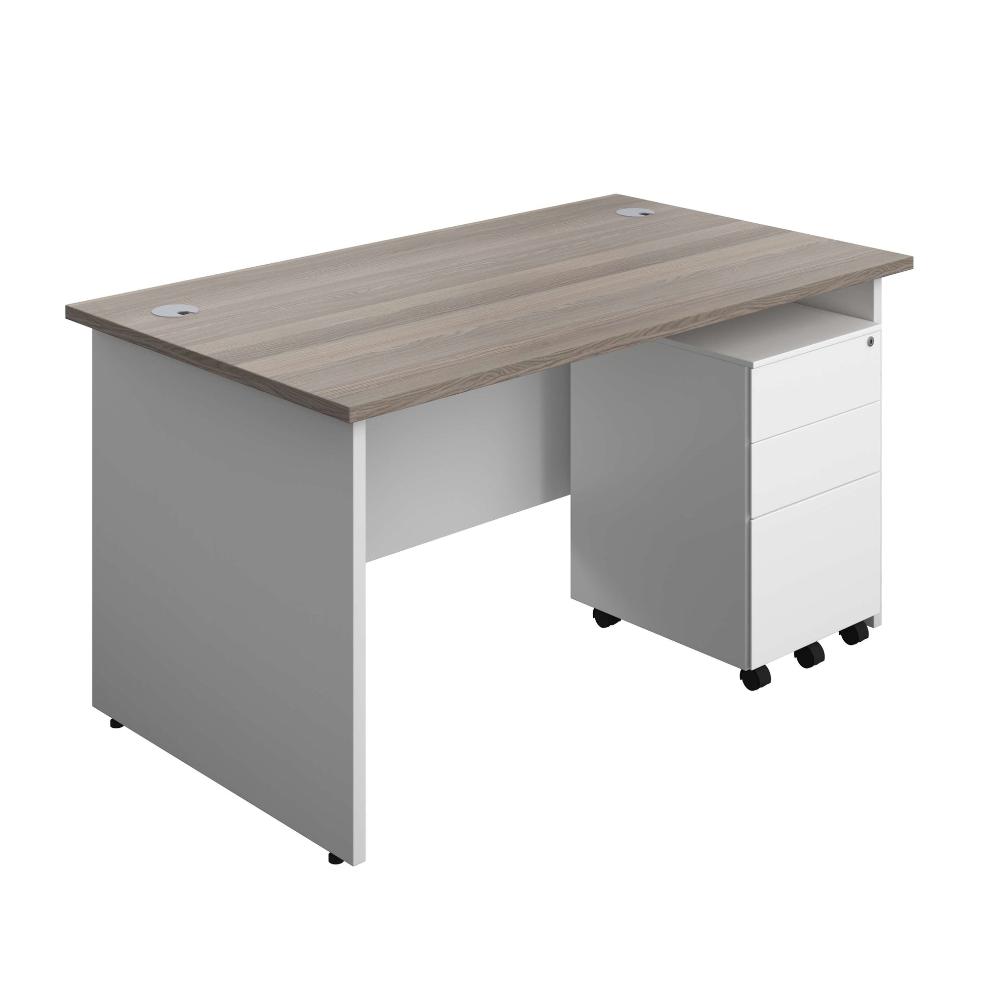 Panel Plus Rectangular Desk + 3 Drawer Steel Pedestal Bundle (FSC) | 1400X800 | Grey Oak/White