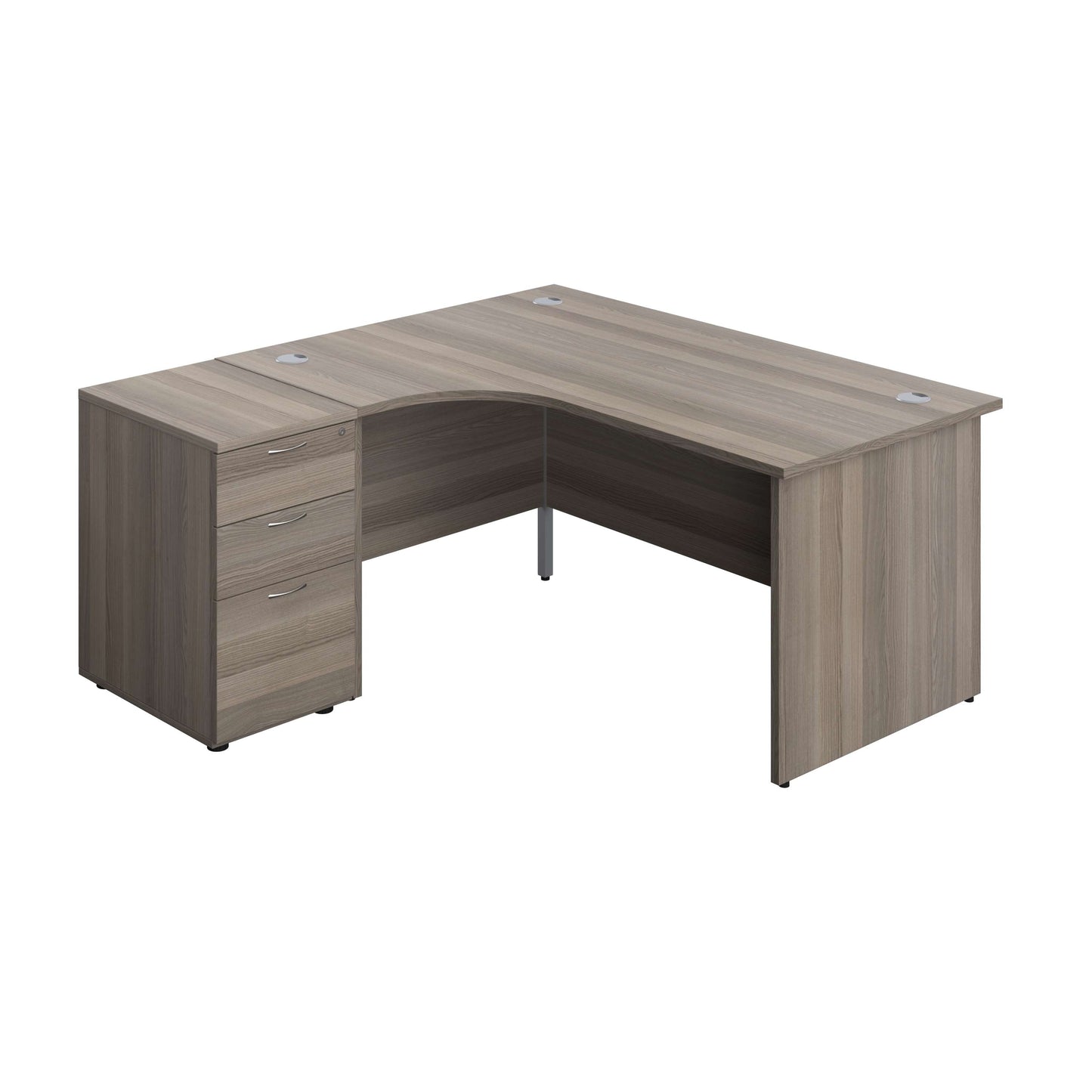 Panel Left Hand Radial Desk + 3 Drawer Desk High Pedestal Bundle (FSC) | 600 Deep Pedestal | 1600X1200 | Grey Oak/Grey Oak