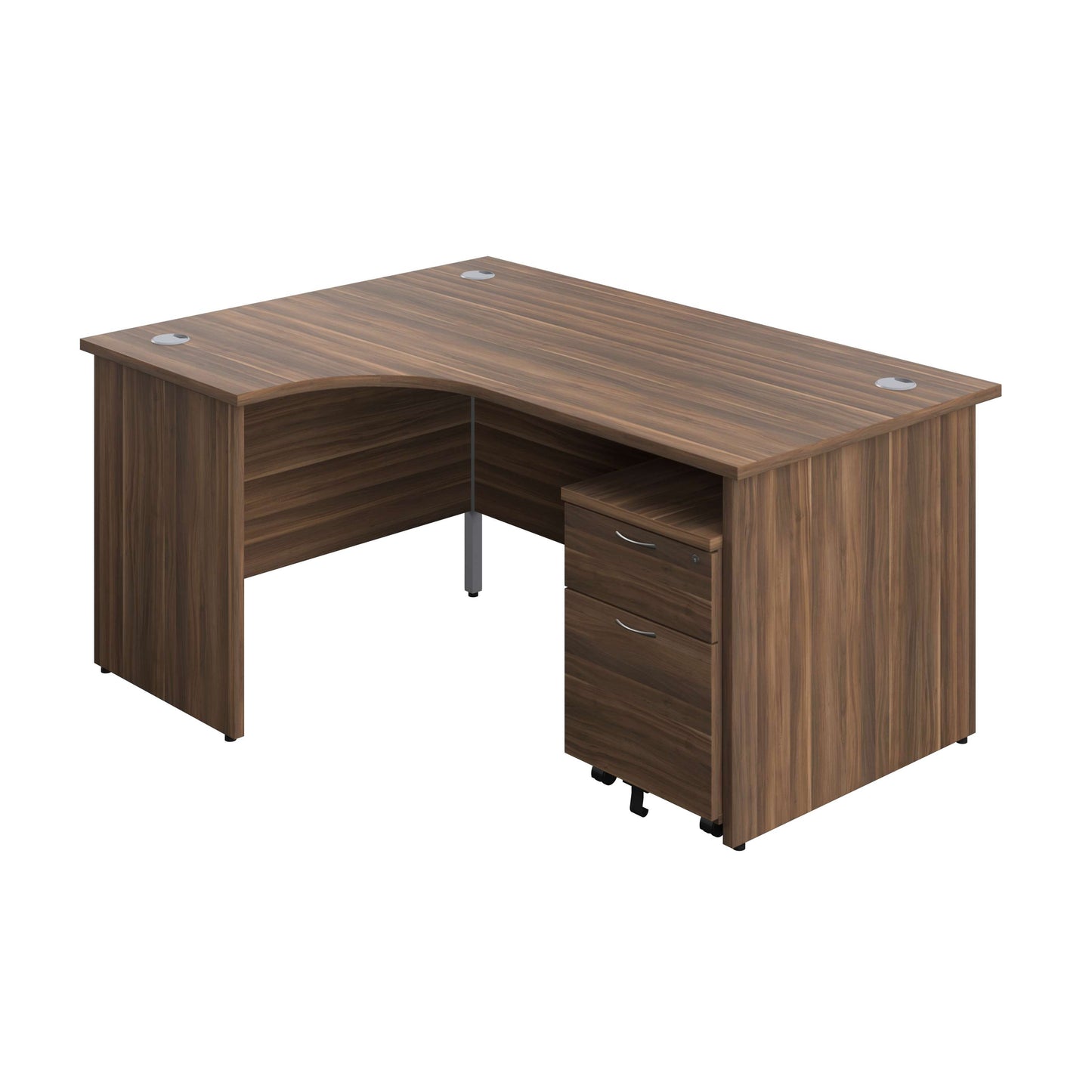 Panel Left Hand Radial Desk + 2 Drawer Mobile Pedestal Bundle (FSC) | 1600X1200 | Dark Walnut/Dark Walnut