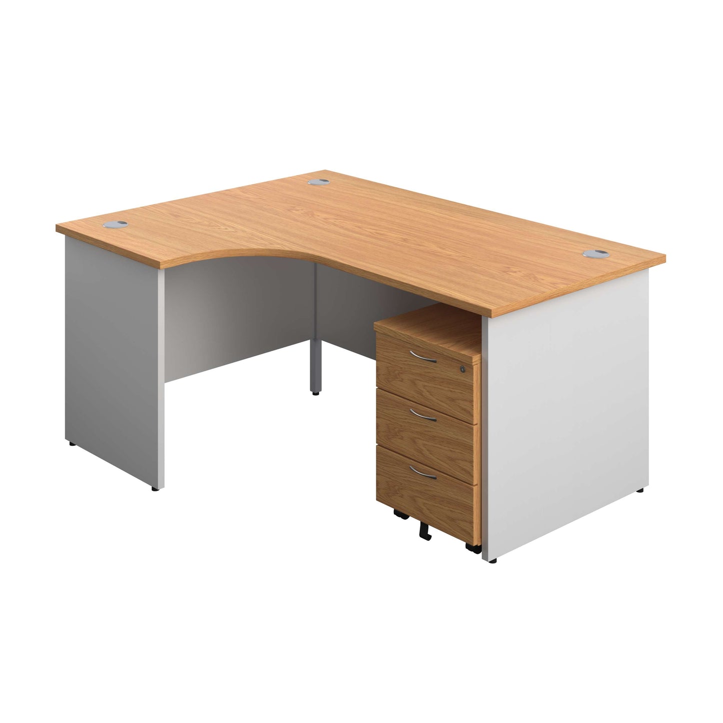 Panel Plus Left Radial Desk + 3 Drawer Mobile Pedestal Bundle (FSC) | 1600X1200 | Nova Oak/White